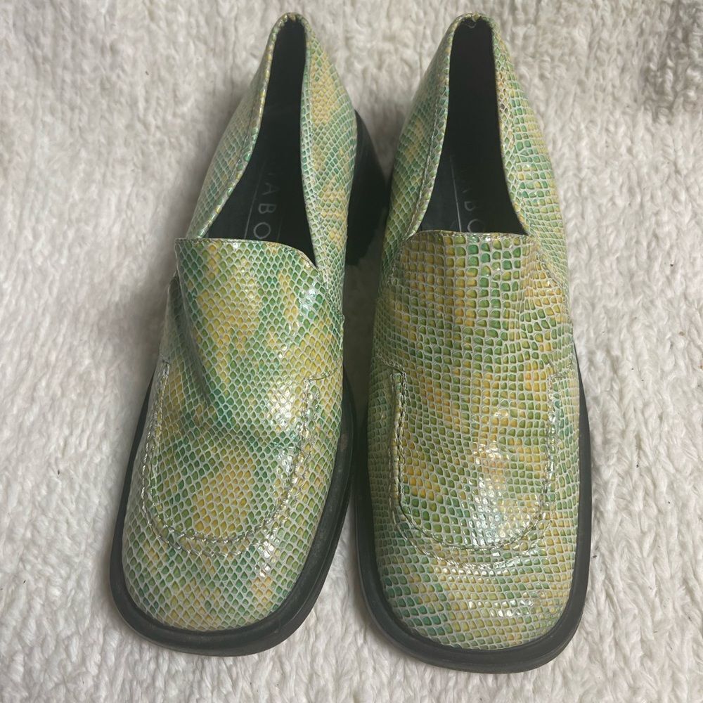 MABOU leather snake skin print Green and Yellow Loafers Block heels SZ8